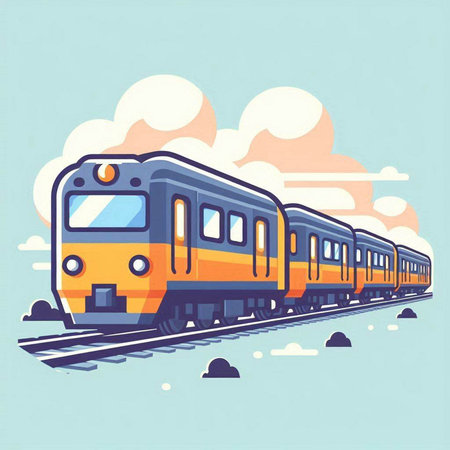 Train on a background of blue sky and clouds. Vector illustration.のイラスト素材