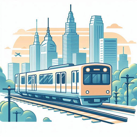 Modern train on the background of the modern city. Vector illustration.のイラスト素材