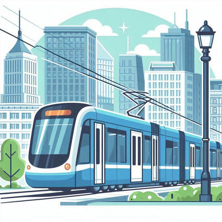Modern tram on the background of the city landscape. Vector illustration.のイラスト素材