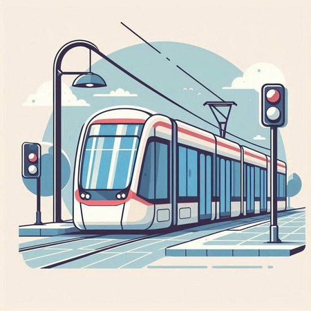 Modern train on the city street. Vector illustration. Eps 10.のイラスト素材