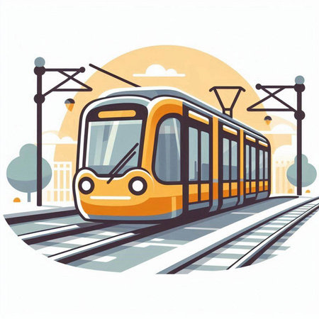 Modern tram on the railway station. Vector illustration. Eps 10.のイラスト素材