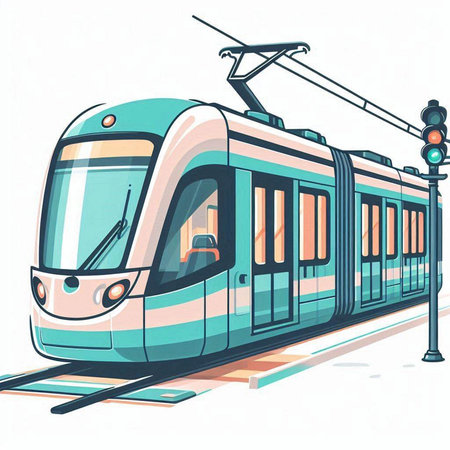 Train on the railway station. Vector illustration of a modern tram.のイラスト素材