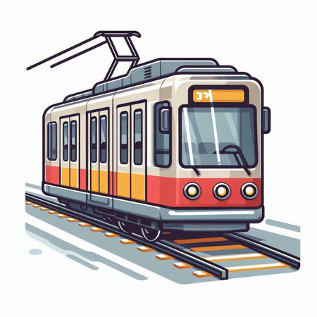 Modern electric train on rails. Vector illustration isolated on white background.のイラスト素材