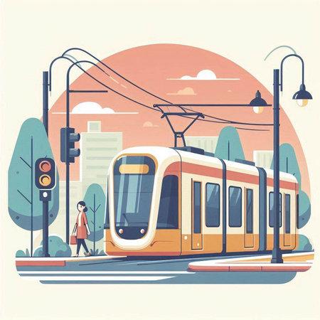 Modern tram on the city street. Vector illustration in flat style.のイラスト素材
