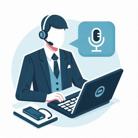 Call center operator with headset and laptop. Flat style vector illustration.のイラスト素材