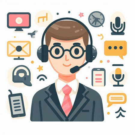 Call center operator. Vector illustration in flat design. Man with headset.のイラスト素材