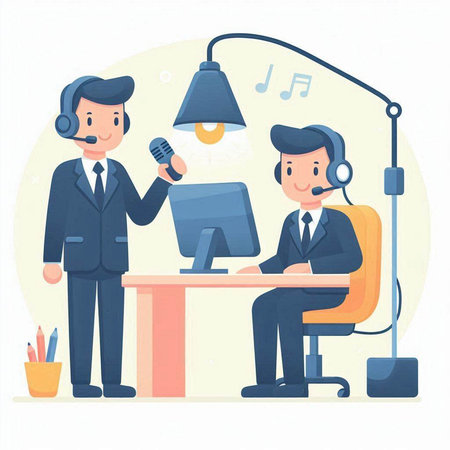 Vector illustration of a call center operator with headset and customer service representativeのイラスト素材