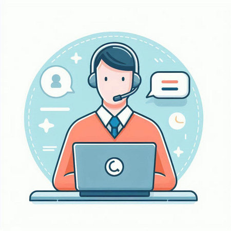 Illustration of a call center worker with headset and laptop on white backgroundのイラスト素材