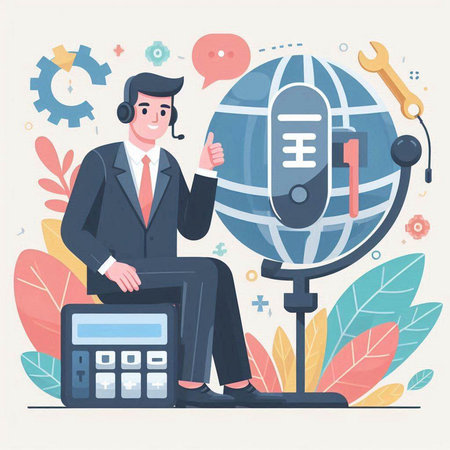 Businessman working at the call center. Vector illustration in flat styleのイラスト素材