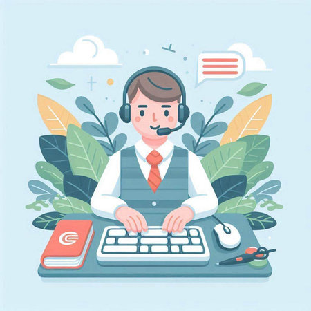 Call center operator with headset and keyboard. Flat design vector illustration.のイラスト素材