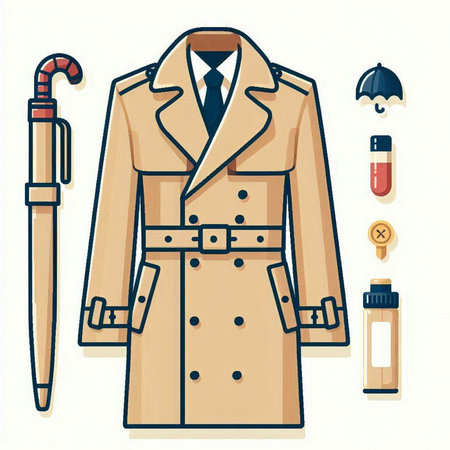 Vector illustration of beige coat, umbrella, thermometer and other accessories.のイラスト素材