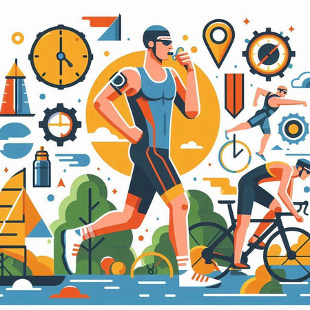 Healthy lifestyle concept with people running and cycling. Vector illustration in flat styleのイラスト素材