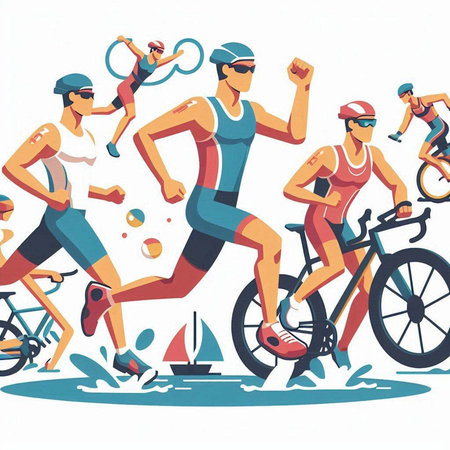 Cycling competition vector illustration. Group of people in sportswear running, cycling race.のイラスト素材