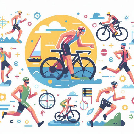 Cyclists in different poses and sportswear. Flat vector illustration.のイラスト素材