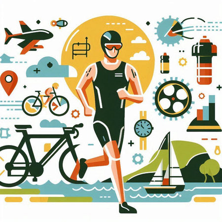 Vector illustration of a cyclist on the background of different types of sports.のイラスト素材