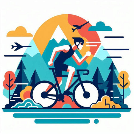 Vector illustration of a cyclist riding a bicycle in the forest. Flat style.のイラスト素材