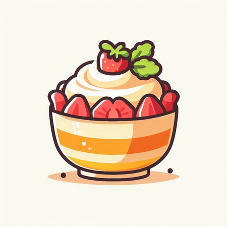 Strawberry cake with whipped cream in bowl. Vector illustration.のイラスト素材
