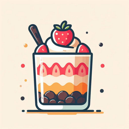 Vector illustration of a tiramisu in a glass with strawberries, chocolate and spoonのイラスト素材