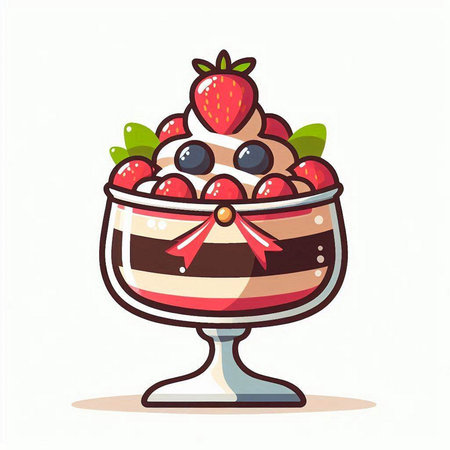 Chocolate Ice Cream with Strawberry in Glass Cup. Vector Illustrationのイラスト素材