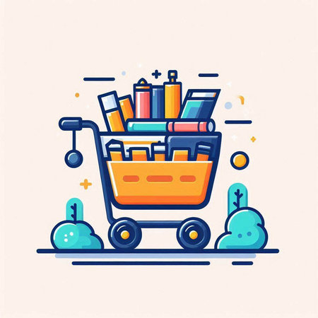 Cart with books in the store. Vector illustration in line style.のイラスト素材