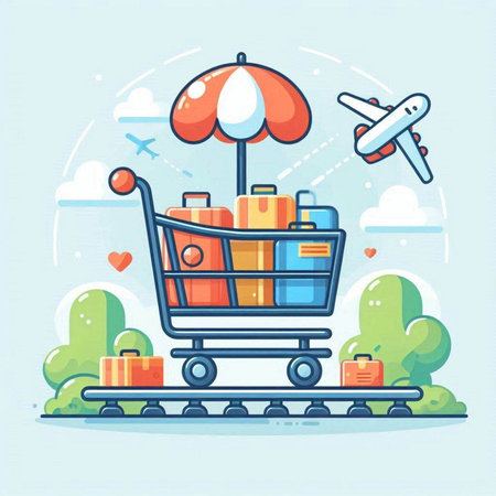 Cartoon vector illustration of shopping cart with luggage and airplane. Online shopping concept.のイラスト素材