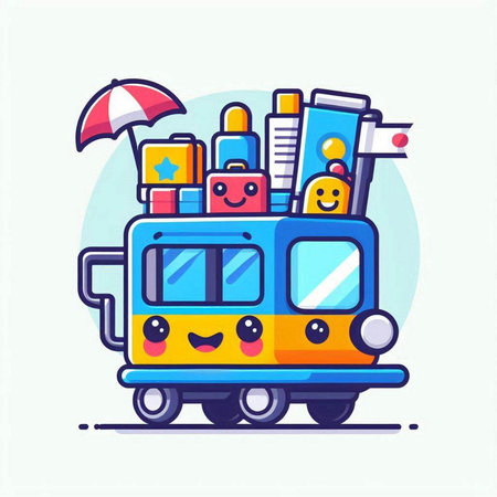 Cute train with different travel items. Vector illustration in flat styleのイラスト素材