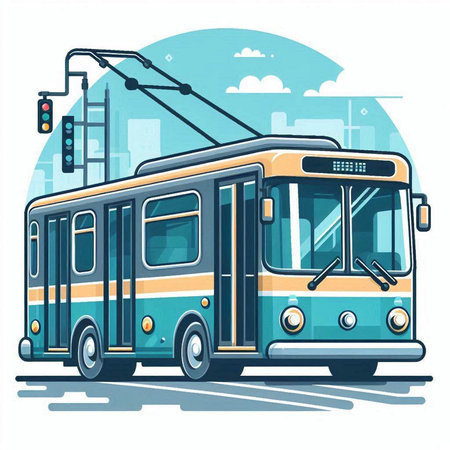 Trolleybus on the background of the city. Vector illustration.のイラスト素材