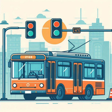 Vector illustration of modern city traffic light and bus on the street.のイラスト素材
