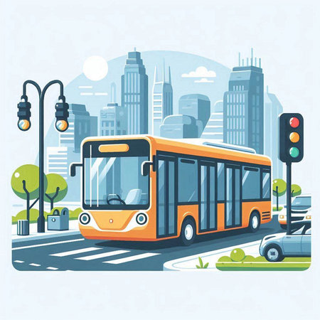 Bus on the road in the city. Vector illustration in flat styleのイラスト素材