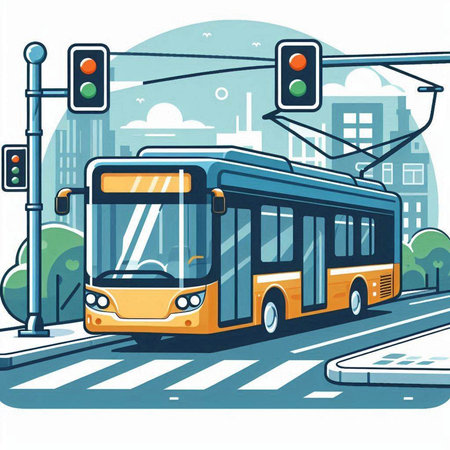 Vector illustration of a yellow bus on the city street with traffic lightsのイラスト素材