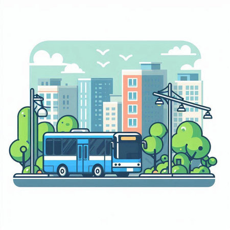 Vector illustration of cityscape with bus and trees. Flat design.のイラスト素材