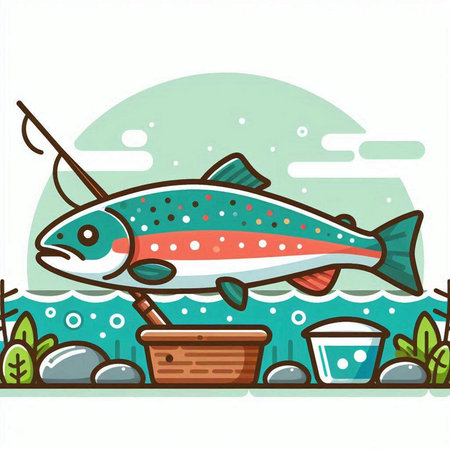 Illustration of a rainbow trout with a fishing rod and a bucketのイラスト素材