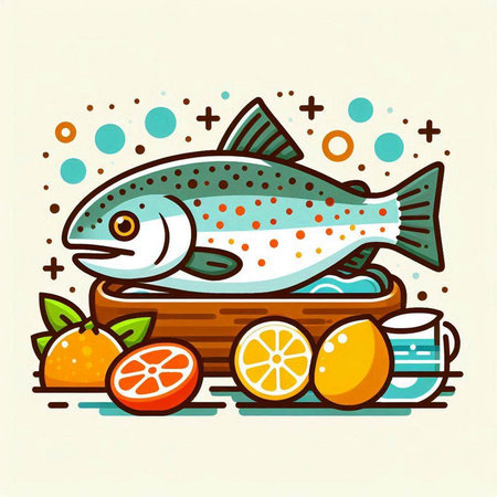 Vector illustration of fresh rainbow trout on wooden board with lemons and oranges.のイラスト素材