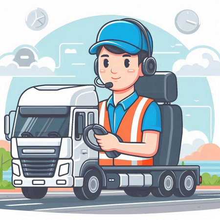 Courier in uniform with a truck on the road. Vector illustrationのイラスト素材
