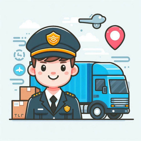 Policeman with delivery truck. Vector illustration in flat style.のイラスト素材