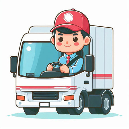 Cartoon delivery man in uniform driving a truck. Vector illustration.のイラスト素材