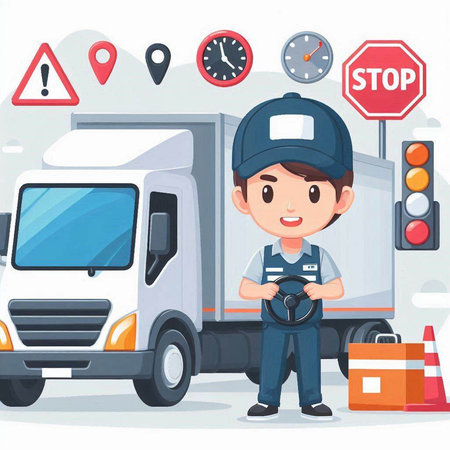 Auto mechanic with steering wheel. Vector illustration in cartoon style on white background.のイラスト素材