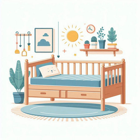 Vector illustration of baby room interior with bed, pillows, potted plants, sun and clock.のイラスト素材
