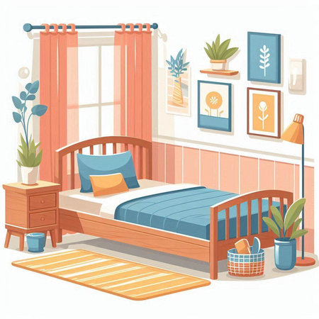 Bedroom interior with furniture and plants. Vector illustration in cartoon styleのイラスト素材
