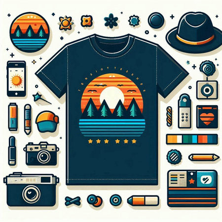 T-shirt design with camping elements. Vector illustration in retro style.のイラスト素材