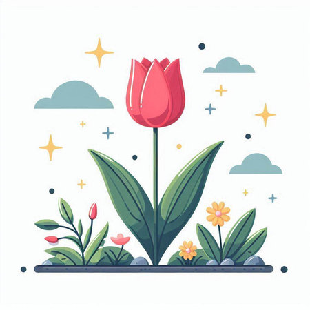 Flowering tulip in the garden. Flat vector illustration.のイラスト素材