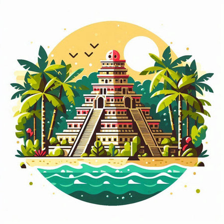 Ancient temple on the shore of the sea with palm trees, vector illustrationのイラスト素材