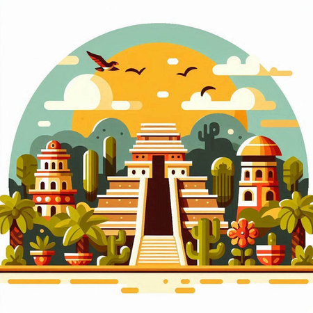 Vector illustration of the famous Indian temple on the background of the sunのイラスト素材