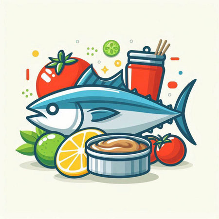 Illustration of a tuna fish with vegetables and sauce, vector illustrationのイラスト素材