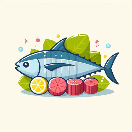 Vector illustration of a tuna fish with lemon slices on a white background.のイラスト素材