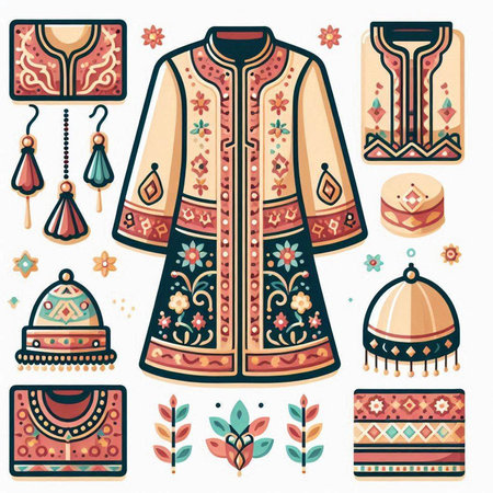 Set of ethnic clothing and accessories. Vector illustration in flat style.のイラスト素材