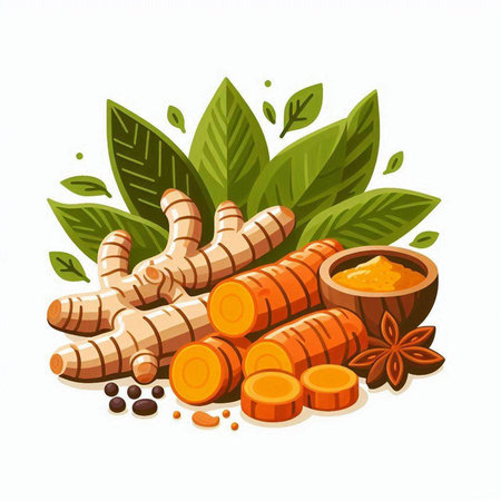 Turmeric roots and powder isolated on white background. Vector illustration.のイラスト素材