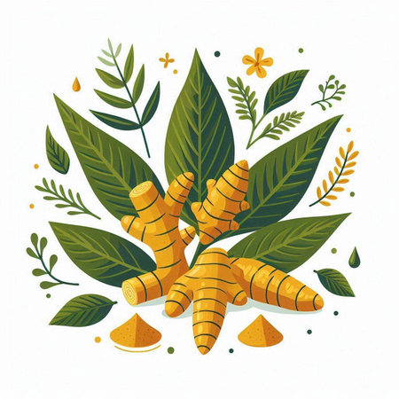 Ginger root with leaves and flowers. Hand drawn vector illustration.のイラスト素材