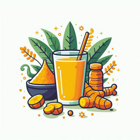Vector illustration of a glass of turmeric smoothie with ingredients.のイラスト素材
