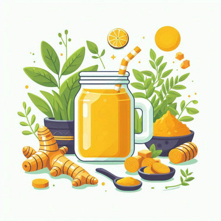 Cup of turmeric smoothie with ginger, lemon and honey. Vector illustration.のイラスト素材